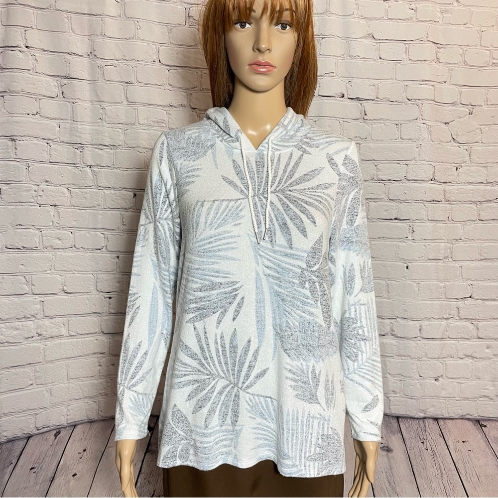 Chico's White Blue Palm Leaves Hoodie Size 1 US M